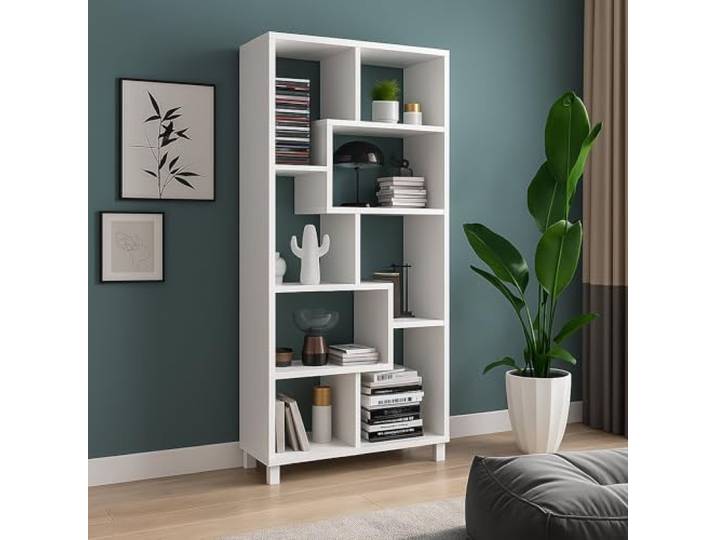 Dmora - Bibliothèque zig zag avec 8 étagères\, Étagère positionnable verticalement et horizontalement\, Bibliothèque de rangement de bureau\, cm 69x30h160\, Couleur Blanc