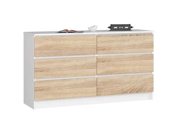 Commode AKORD K140 Blanche 138 cm 6 tiroirs façade Chêne Sonoma 138x40x77 cm