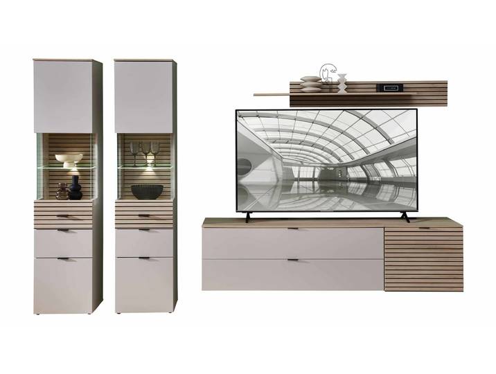 Wohnwand Beige-Kaschmir - Riva Eiche 320 cm LED-Beleuchtung - INA