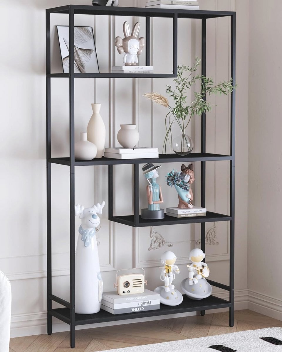 Industriële zwarte boekenplank met metalen frame - Wandmontage displayrek voor woonkamer, slaapkamer en kantoor