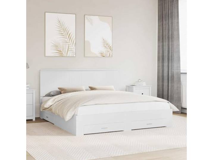 RJPLMFV Bettgestell mit Schublade, Weiß, 180 x 200 cm, Holz Mit Kopfteil, silberfarbene Griffe, Aufbewahrung unter dem Schlaf, pflegeleicht