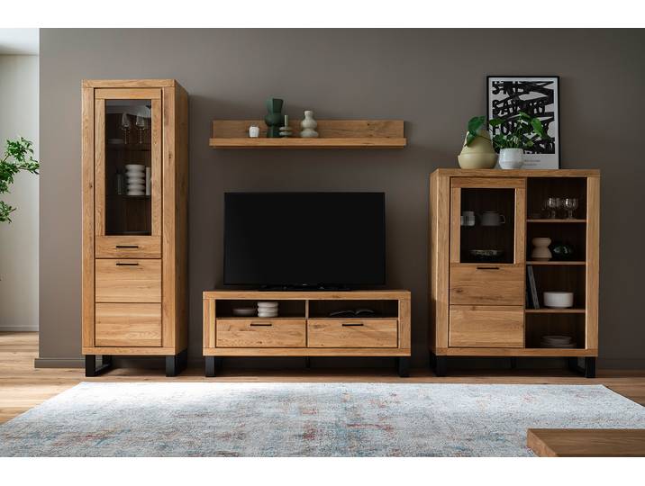 Wohnwand Macunio 4-teilig Front: Massivholz Wildeiche, geölt Korpus: Spanplatte, foliert Rückwand: HDF Hochdichte Holzfaserplatte , foliert