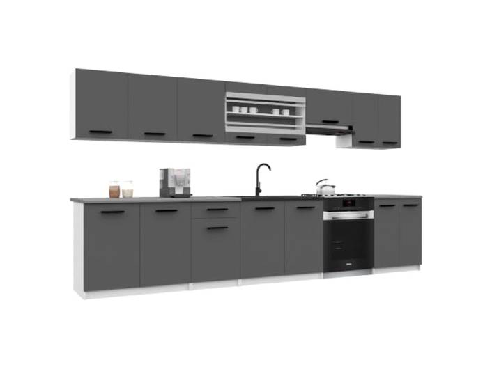 Belini Italia 3 Küchenzeile Küchenblock 320cm Grau Küchenset als gerade Küchenzeile, weiße Korpusse, DECOR ECONATURA Material, kratzfest, ohne Elektrogeräte, mit Arbeitsplatte