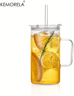 Inspire Picks KEMORELA Ribbed Glass Tumbler With Handle And Lid 740 Ml Large Iced Coffee Cup 1 To 2 PCS 1pc 740ml