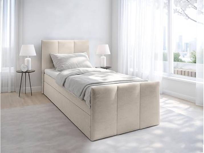 AXLIVING Levente Bett mit Bettkasten 100x200 Beige Boxbett Stauraum Bonellfederkern mit Komfortschaum. Boxspringbett Beige mit gepolstertem Kopfteil. Pflegeleichter Bezug. 100 % Polyester.