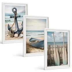 BILDER SET 3er Set - 40x60 cm Weißer Rahmen - Anker, Boot, Ruder, Strand