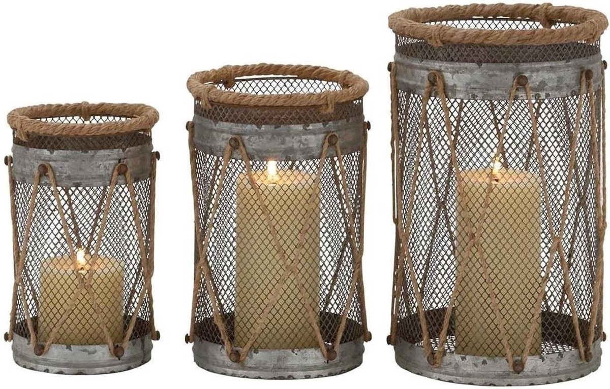 Set van 3 zilverkleurige metalen lantaarns in rustieke stijl voor decoratieve kaarsenhouders