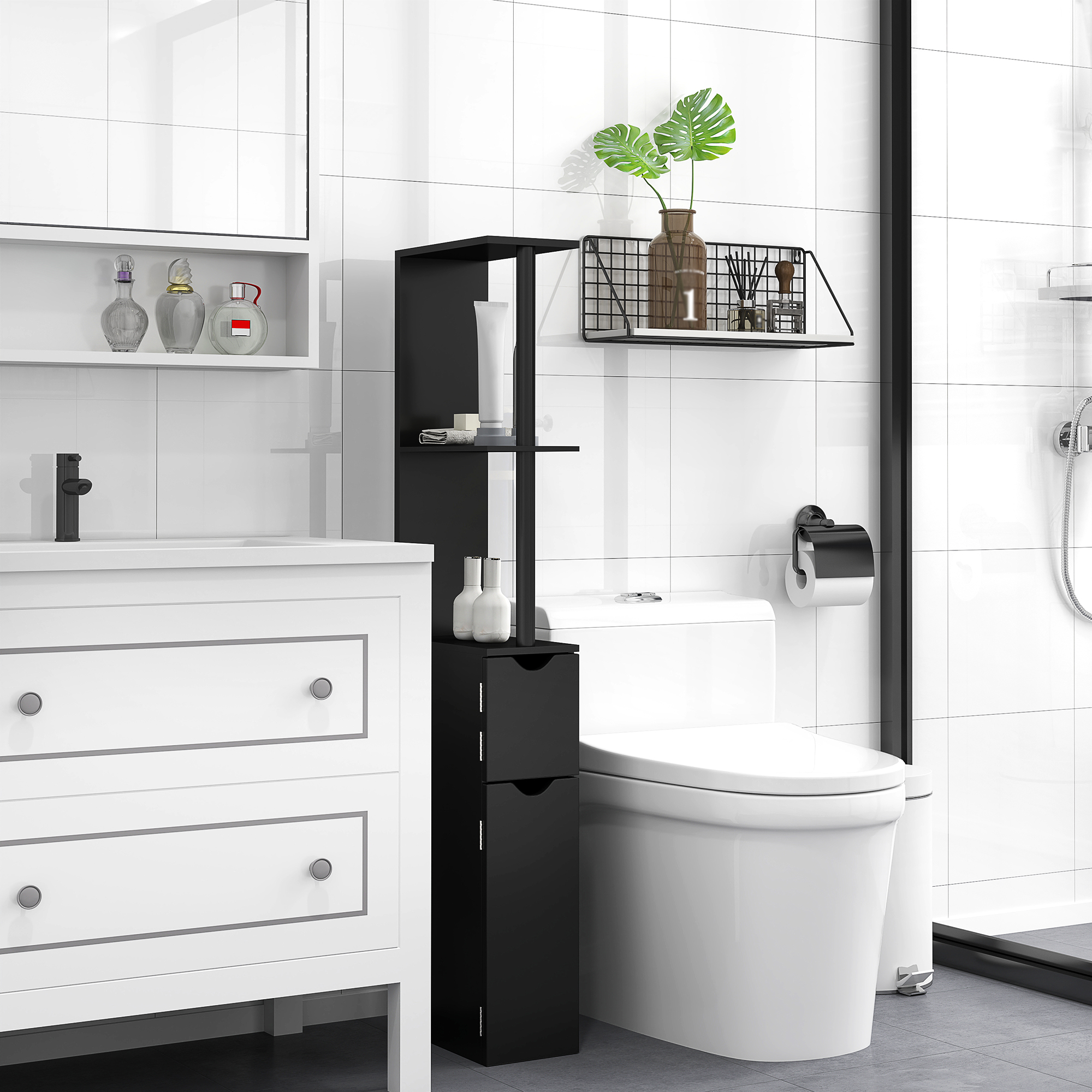 Kleankin Colonna Bagno con 2 Ripiani e 2 Armadietti, Mobile Alto Salvaspazio 15.2x29.8x118 cm, Nero