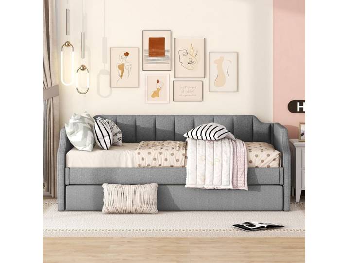 Lit Banquette avec Lit Gigogne 90x200 cm en Lin Gris Canapé-Lit Rembourré avec Accoudoirs