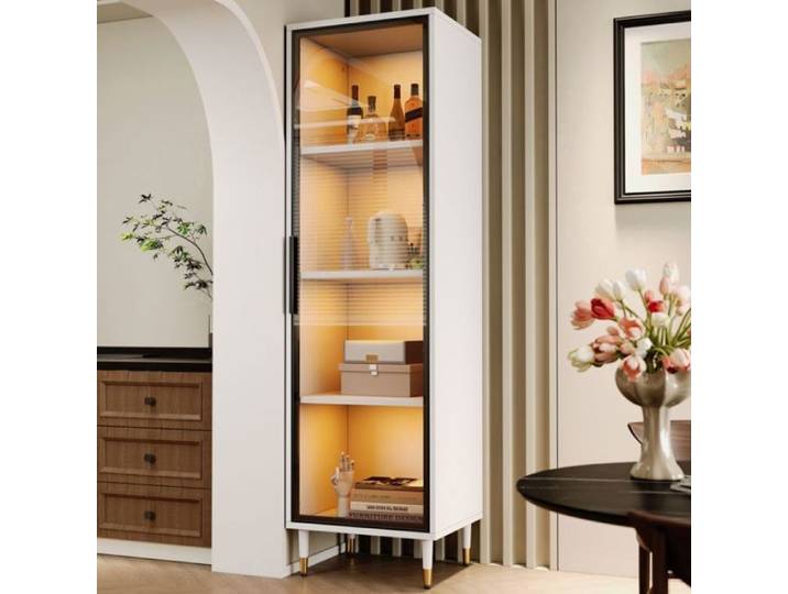 Vitrine verticale en verre 170 cm socle intégré vitrage teinté et éclairage multicolore à LED