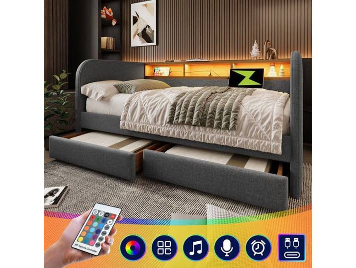 Canapé-lit - AUTREMENT - 140x190 cm - Avec LED et USB-C - 2 tiroirs - Rangement intégré