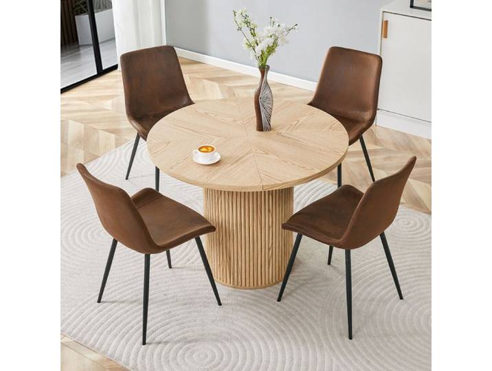 Ensemble de table ronde - Table ronde MDF 100 cm - 4 places - Chaises tissu technique marron - Pied métal noir