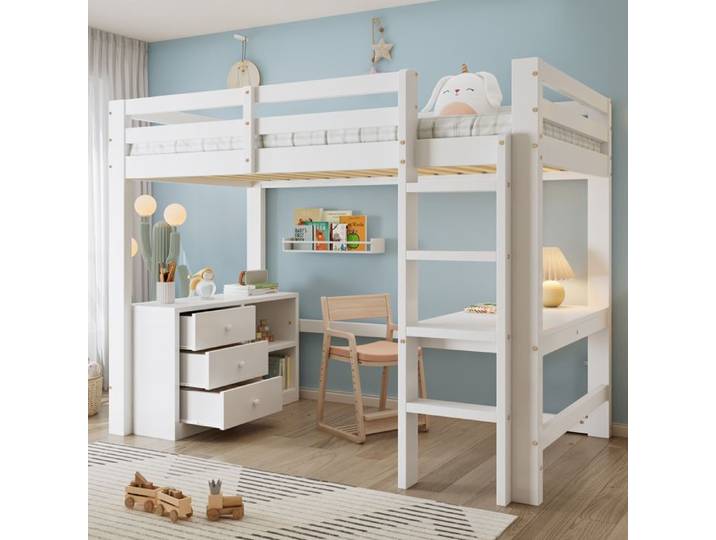 Lit mezzanine enfant - LEMONBEST - 90x200 - Bureau intégré - 3 tiroirs - Sommier à lattes