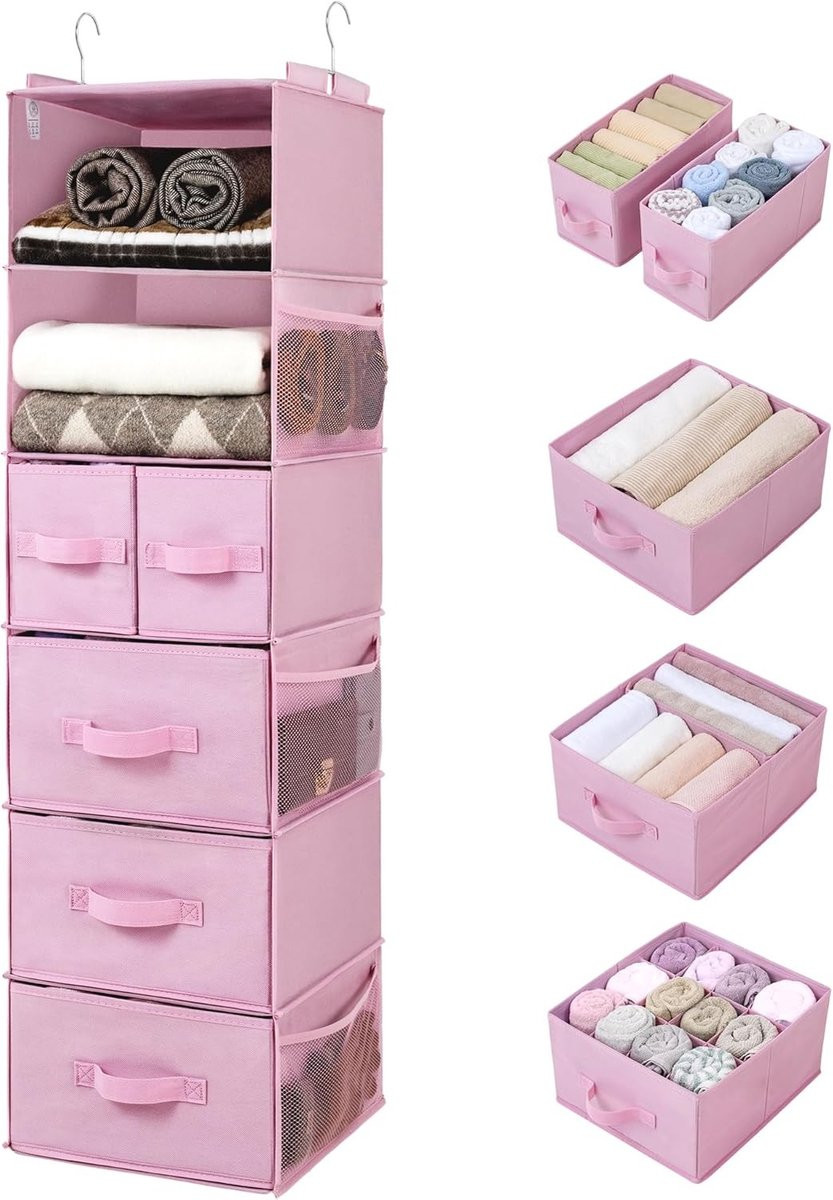 Hanging Organizer met 6 Compartimenten voor Kleding en Accessoires, Kast Organizer met Zijvakken, Roze