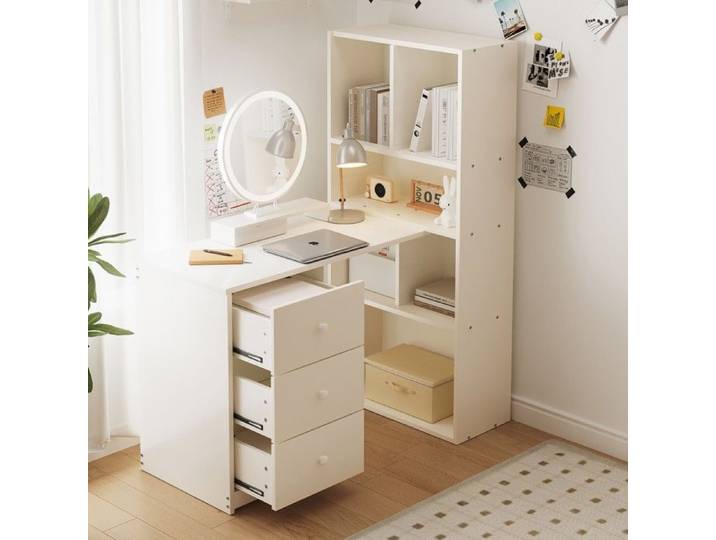 Bureau D'angle Blanc 117x63x135cm Bibliothèque Intégrée 4 Compartiments Rangement & 3 Tiroirs Coulissants Bureau Maison/bureau