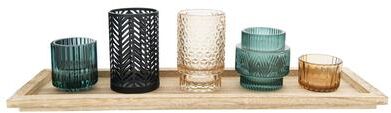 Storied Home Embossed Glass and Metal Tealight Candle Holders in a Wood Tray