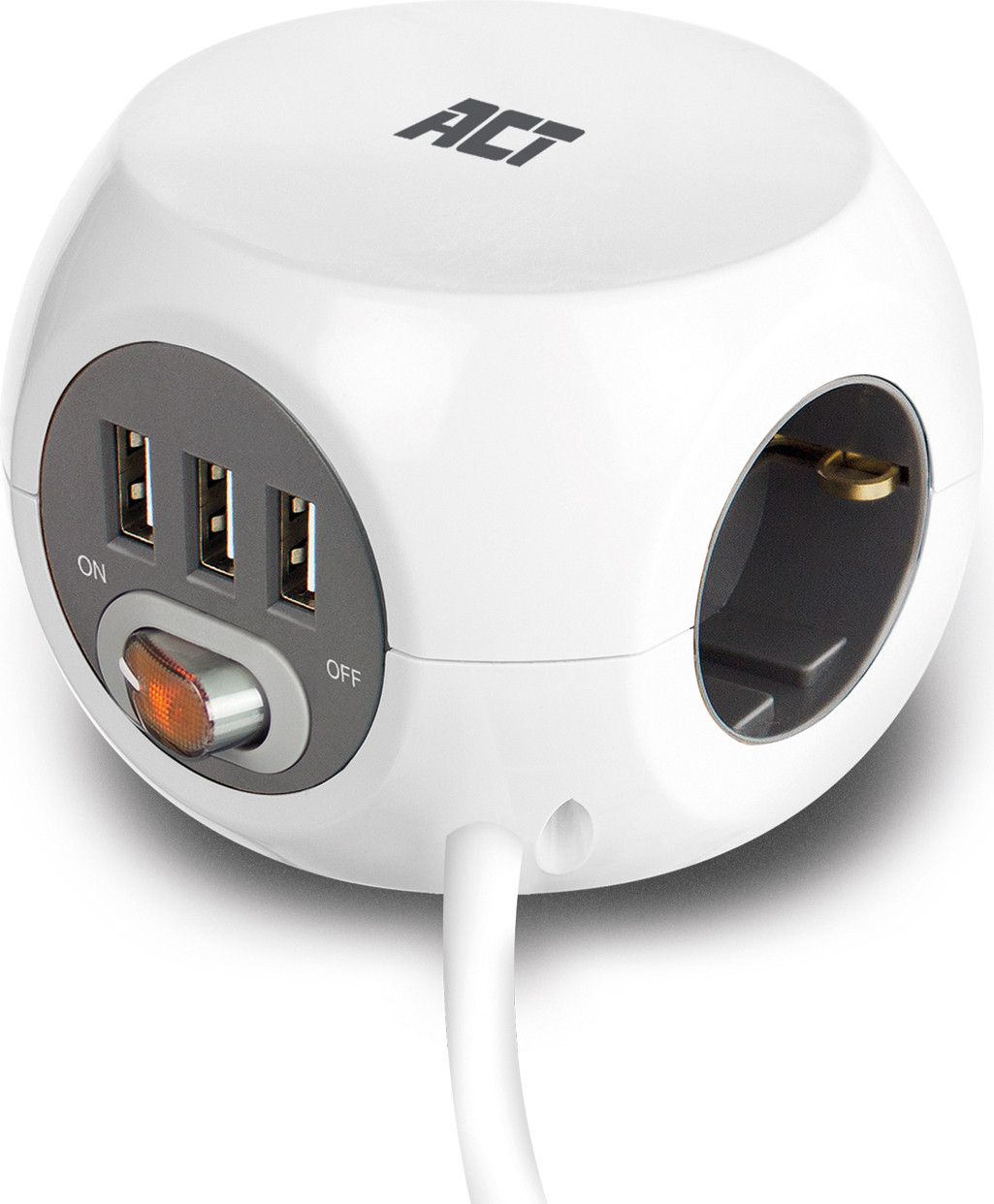 ACT Kubische stekkerdoos met drie stopcontacten en 3 USB-poorten, 1,5 meter, model AC2405