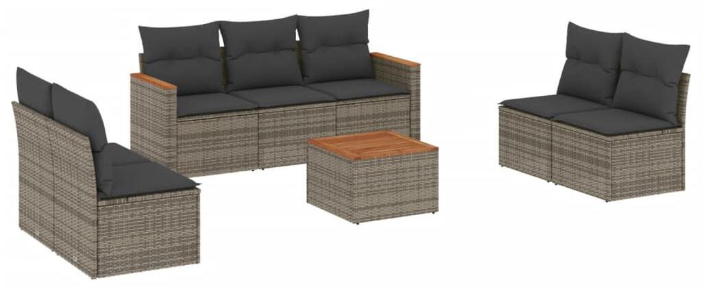 Loungeset, 8-teilig, Grau - Polyratan - 8 Sitzplätze - Mit Kissen - Für Garten und Terrasse