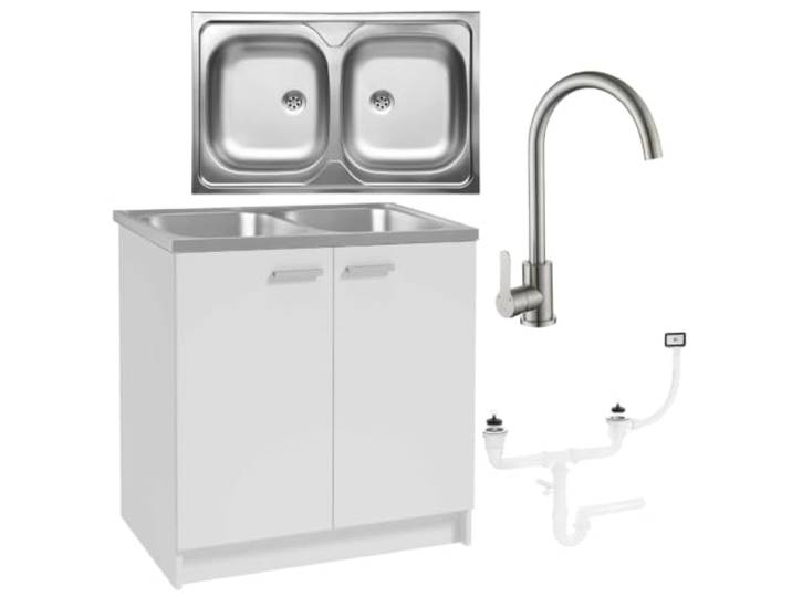 Möbel Spüle mit Unterschrank 80 cm Weiß Küchenspüle 2-Kammer & Edelstahl-Spülbecken kompakter Spülenunterschrank für Küche, Standschrank 49 cm Tiefe Siphon Montagefertig