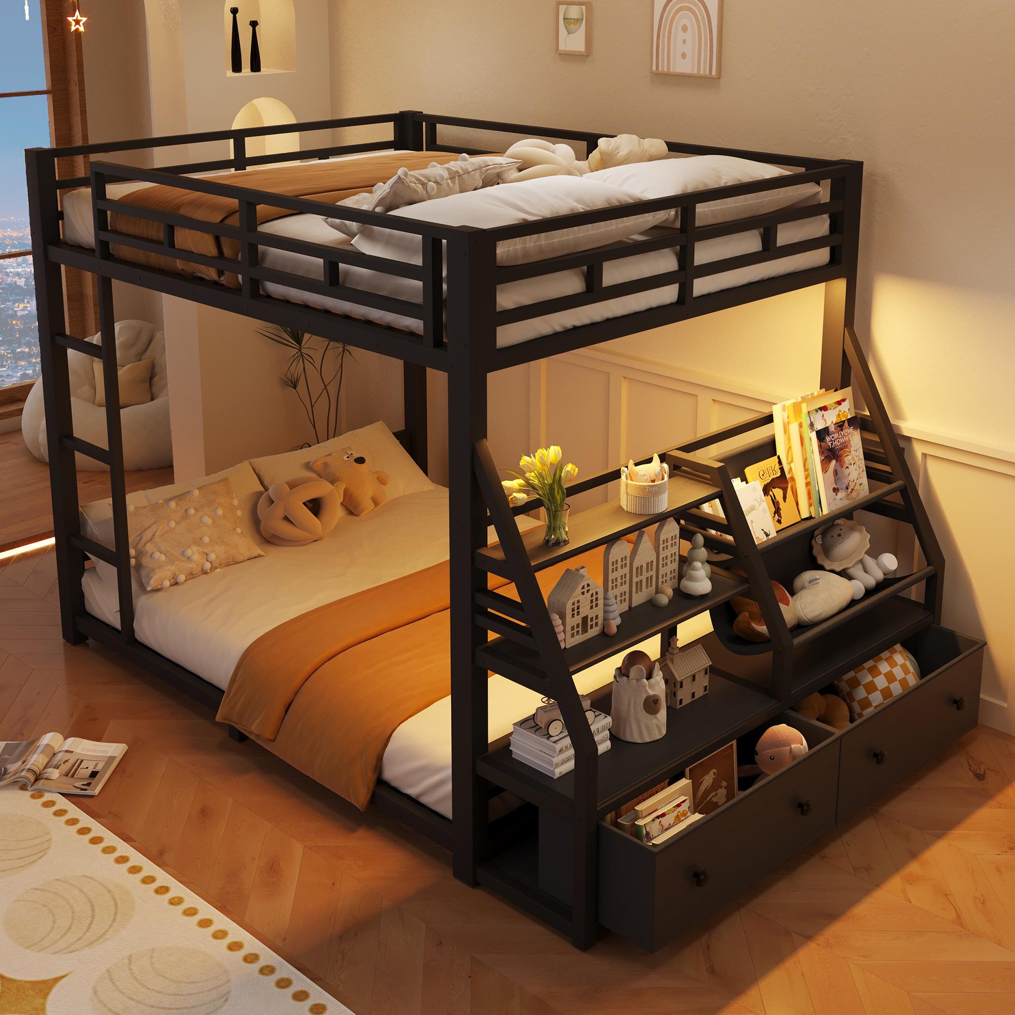 Flieks Etagenbett 140x200cm mit Schubladen und Regal, Kinderbett Bodenbett 2 Kinder, Jugendbett Metallbett mit Led, Hochbett Schwarz