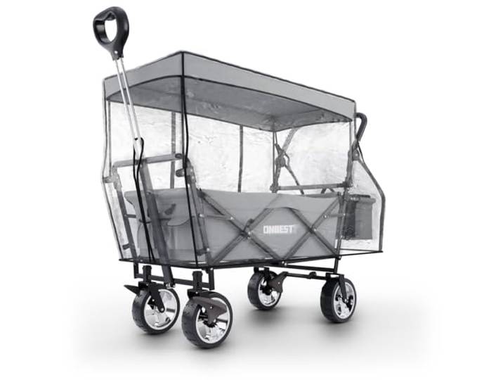 ONBEST Bollerwagen faltbar – Faltbollerwagen mit Dach, Hellgrau Klappbarer Strandbollerwagen mit Regenschutz, Sonnenschutz-Dach, Kühltasche & Becherhalter für Outdoor und Camping
