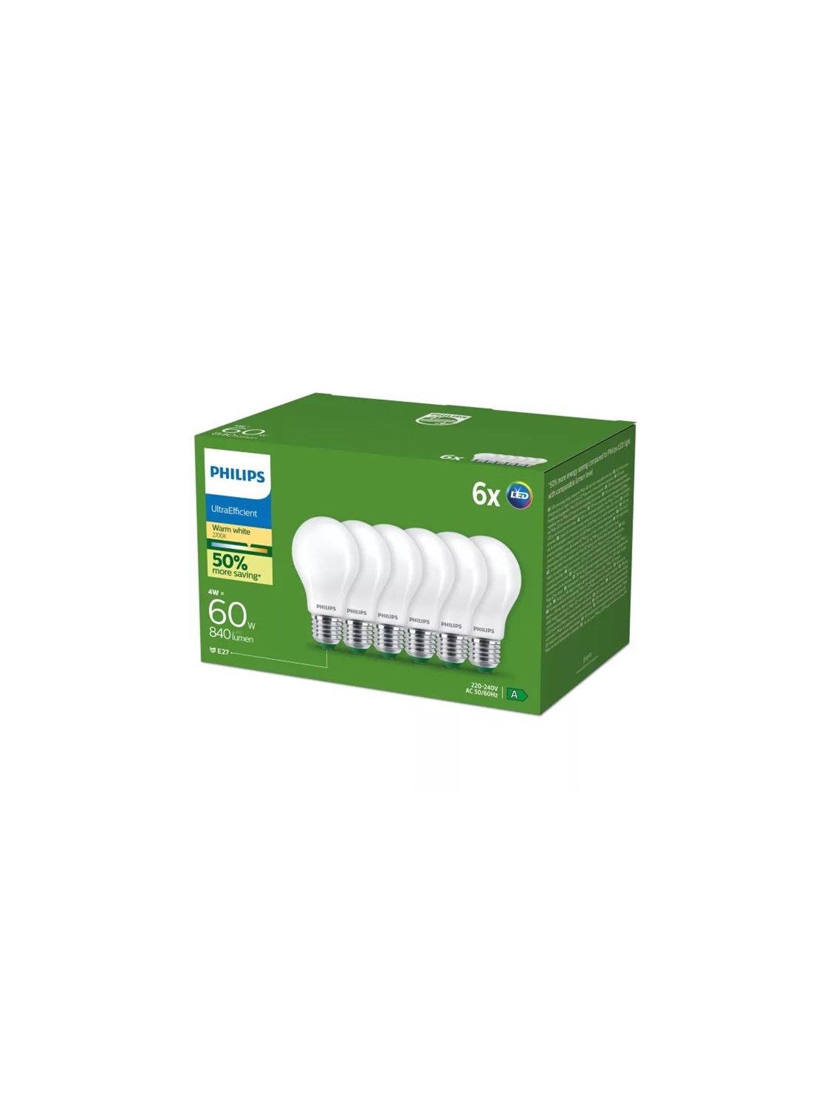 Philips LED-Lampe Ultra Efficient A60 4W/827 (60W) Frosted 6-pack E27