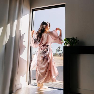 KIM + ONO Kuren Silk Long Kimono Robe   Floral Crane Kimono - dusty pink / one size