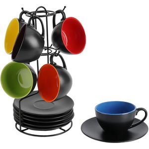 Miamio Kaffeetassen Le Papillon, 175ml, Keramik, schwarz, 6 Tassen mit Untertassen, Set 13-teilig, 6 Stück