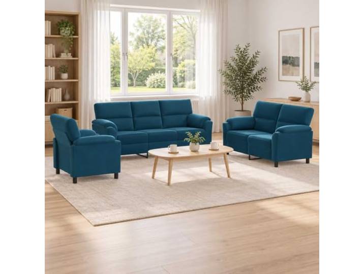 Sofa-Set 3 pcs Blau Samt Metallrahmen,konische Beine,Kissenrücken,Samtoberfläche,drinnen
