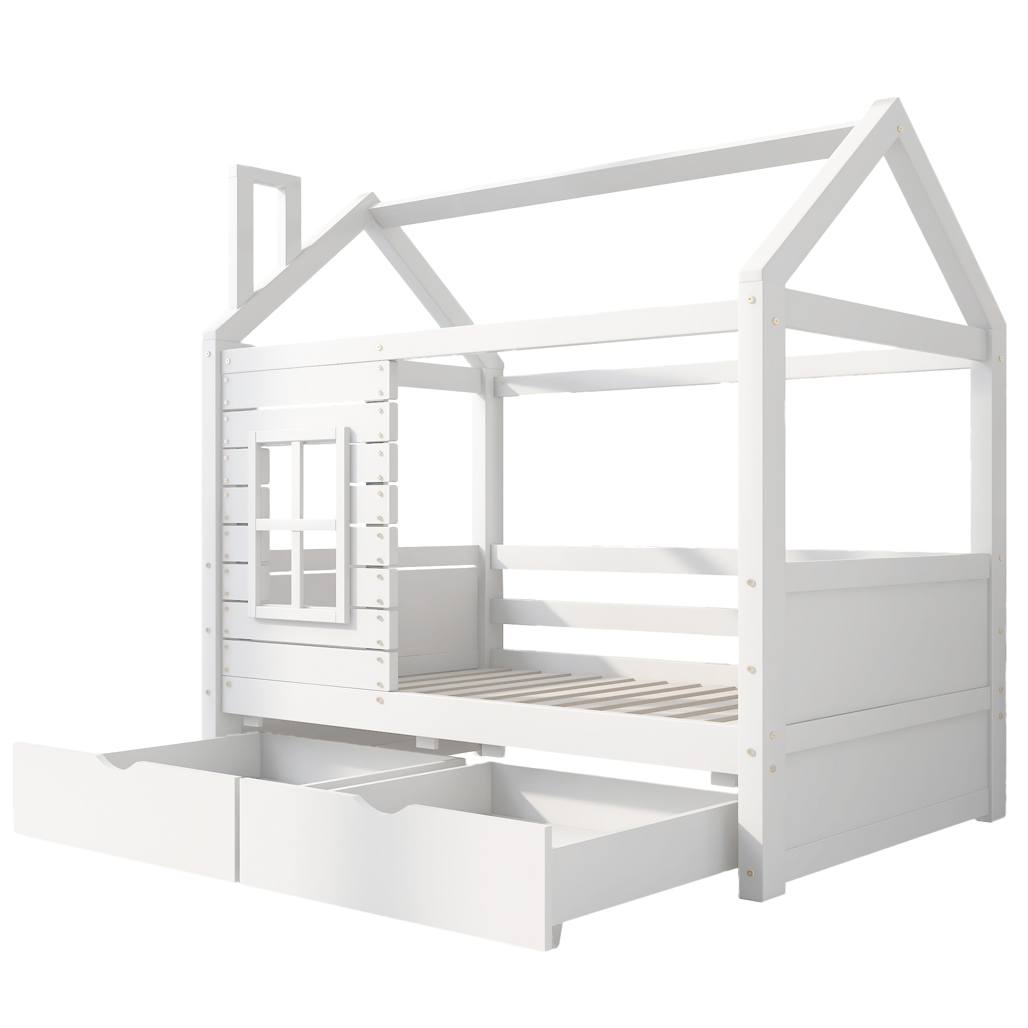 Hausbett Kinderbett 80x160 mit Rausfallschutz Kinderbett für Jungen & Mädchen, Massivholz Kinder Bett mit Rausfallschutz Fenster und Lattenrost,