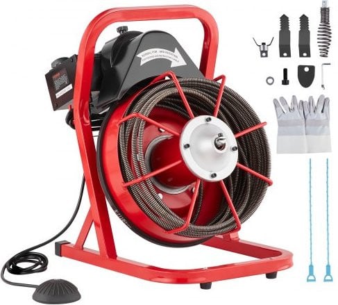VEVOR Elektrische Rioolreinigingsmachine met 15 meter Rioolveer, 250W, Rood/Zwart