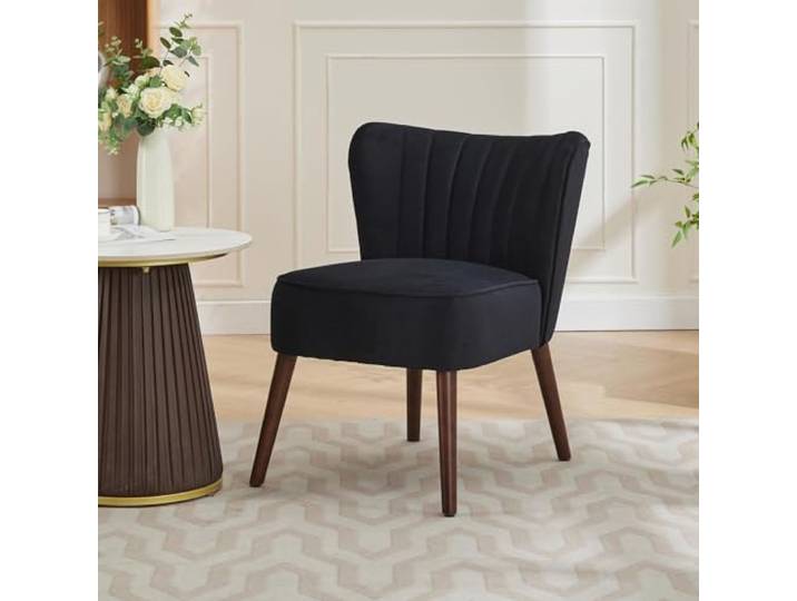 GarveeHome Moderner Akzentstuhl, Gepolsterter Stuhl Aus Samt Mit Massivholzbeinen, Tragkraft 136KG, Bequemer Lounge-Sessel Ohne Armlehnen Für Wohnzimmer, Schlafzimmer, Büro – Schwarz