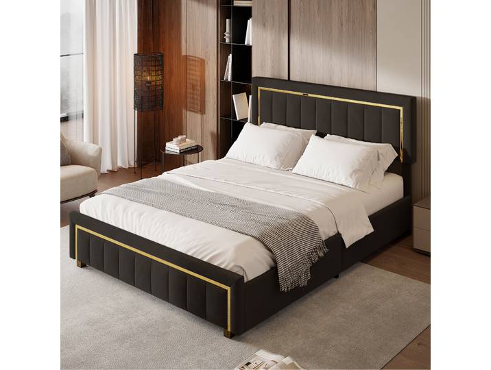 Rosahqnda Lit plateforme rembourré avec système de rangement hydraulique, cadre de lit double Lit sommier moderne sans matelas