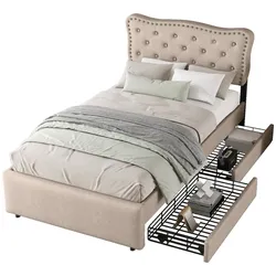Merax 90*200 cm flaches Bett, gepolstertes Bett, Nachttischpolsterung mit dekorativen Nieten, doppelte Schubladen, dunkelbeige