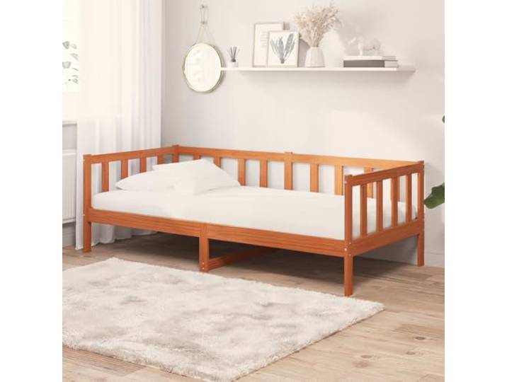 Massives Kiefernholz Tagesbett modernes Multitalent 90x200 cm Braun Tagbett mit Matratze 90x200 cm Massivholz Liege mit Rollrost Tagesbett mit Kopfteil Wachsbraun und Weiß für Schlafzimmer