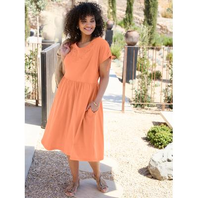 Jerseykleid SHEEGO "Kleid", Damen, Gr. 48, Normalgrößen, Kurzarm, Jersey, papaya, Jersey, 100% Baumwolle, unifarben, wadenlang, V-Ausschnitt, Kleider Jerseykleid