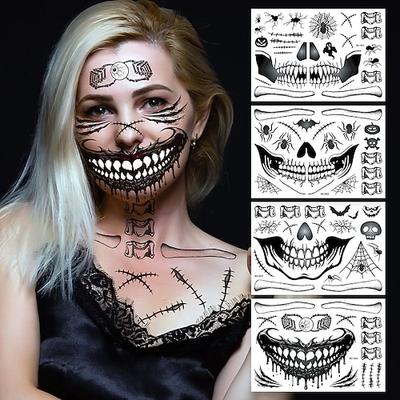 Halloween Totenkopf Tattoos – 4 Stück wasserfestes Gruselskelett Narbengesichts-Make-up-Tattoos für Kostüme Party