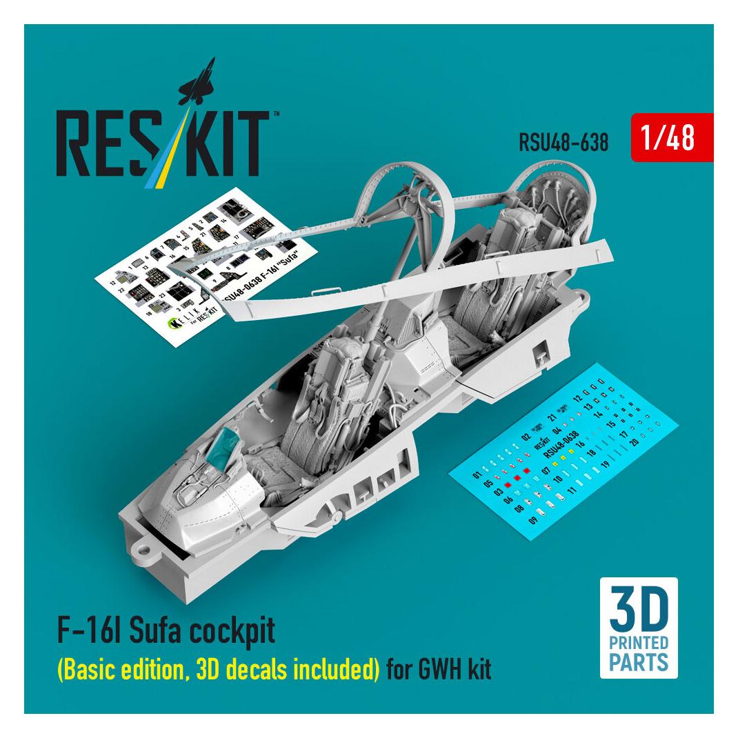 ResKit F-16I Sufa cockpit (Basic edition, 3D decals included) (3D Printed) for Great Wall Hobby (RSU48-0638)