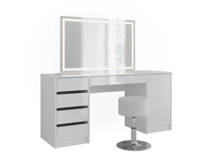 Coiffeuse Sherry 158.2cm avec miroir LED et tabouret Blanc/Blanc Haute brillance Vicco 57666
