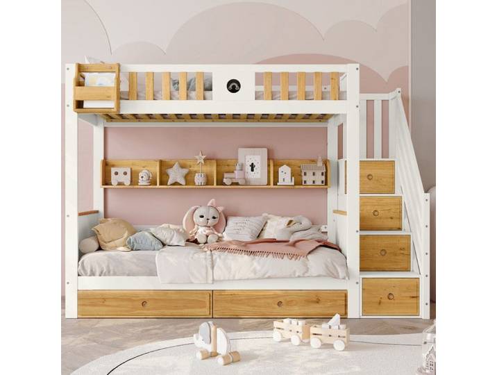 Bladez - Lit superposé 90x200cm - Lit étudiant avec échelle de rangement et barrières de sécurité - Lit coffre étagères ouvertes