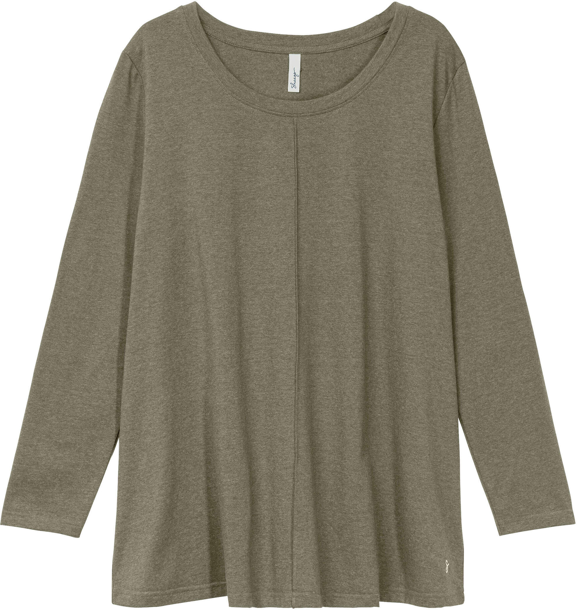 T-Shirt SHEEGO "Langarmshirt Langarmshirt in A-Linie, fein meliert", Damen, Gr. 44/46, grün (khaki, meliert), Sportlich, Rundhals, Shirts T-Shirt