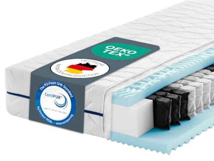 PURAMED Taschenfederkernmatratze Komfort Plus 100x200 cm Härtegrad H2 Höhe 24 cm 7-Zonen Matratze waschbarer Doppeltuch-Bezug Oeko-TEX® & CertiPUR Zertifiziert produziert in Deutschland