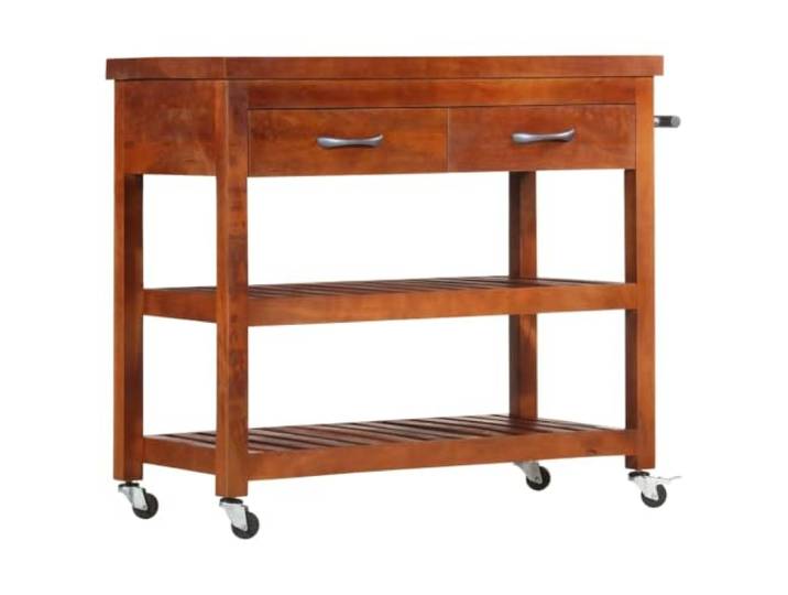 Foknhdi Servierwagen 100x48x89 cm Küchenwagen Massivholz Akazie Natur-Akazienholz Küchen-Trolley mit 2 Schubladen, Handtuchhalter und 4 Rollen für Küche und Esszimmer.