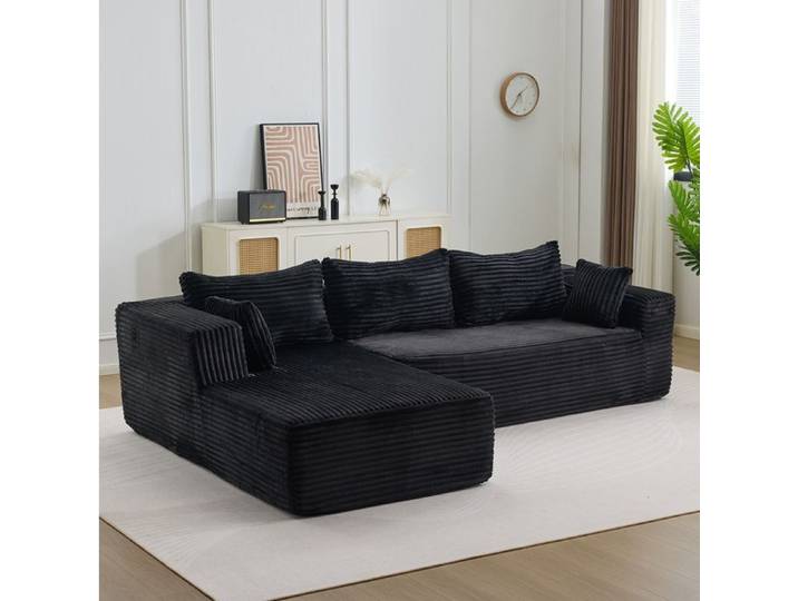Canapé d'angle modulable compressé en velours côtelé noir chaise longue sans montage