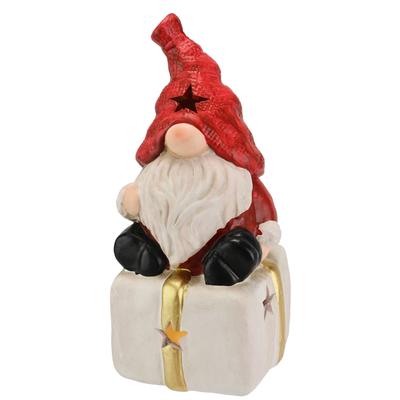 Dekofigur I.GE.A. "Wichtel auf Geschenk", rot (weiß, rot), B:9cm H:22cm, Terrakotta, Dekofiguren, Mit LED-Licht Deko Weihnachtsdeko Leuchtfigur Statue Skulptur