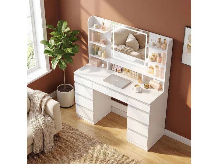 Grande table de maquillage avec éclairage LED, 3 couleurs, contrôle de la luminosité, table de maquillage avec miroir, 9 tiroirs, 9 étagères ouvertes