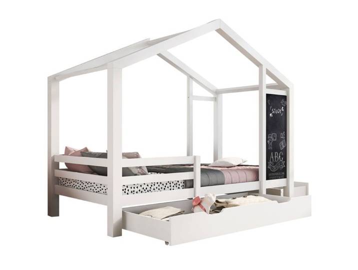 MEUBLES COSY Lit cabane enfant 90×200 cm en bois massif blanc avec tableau 2 tiroirs (sans matelas)