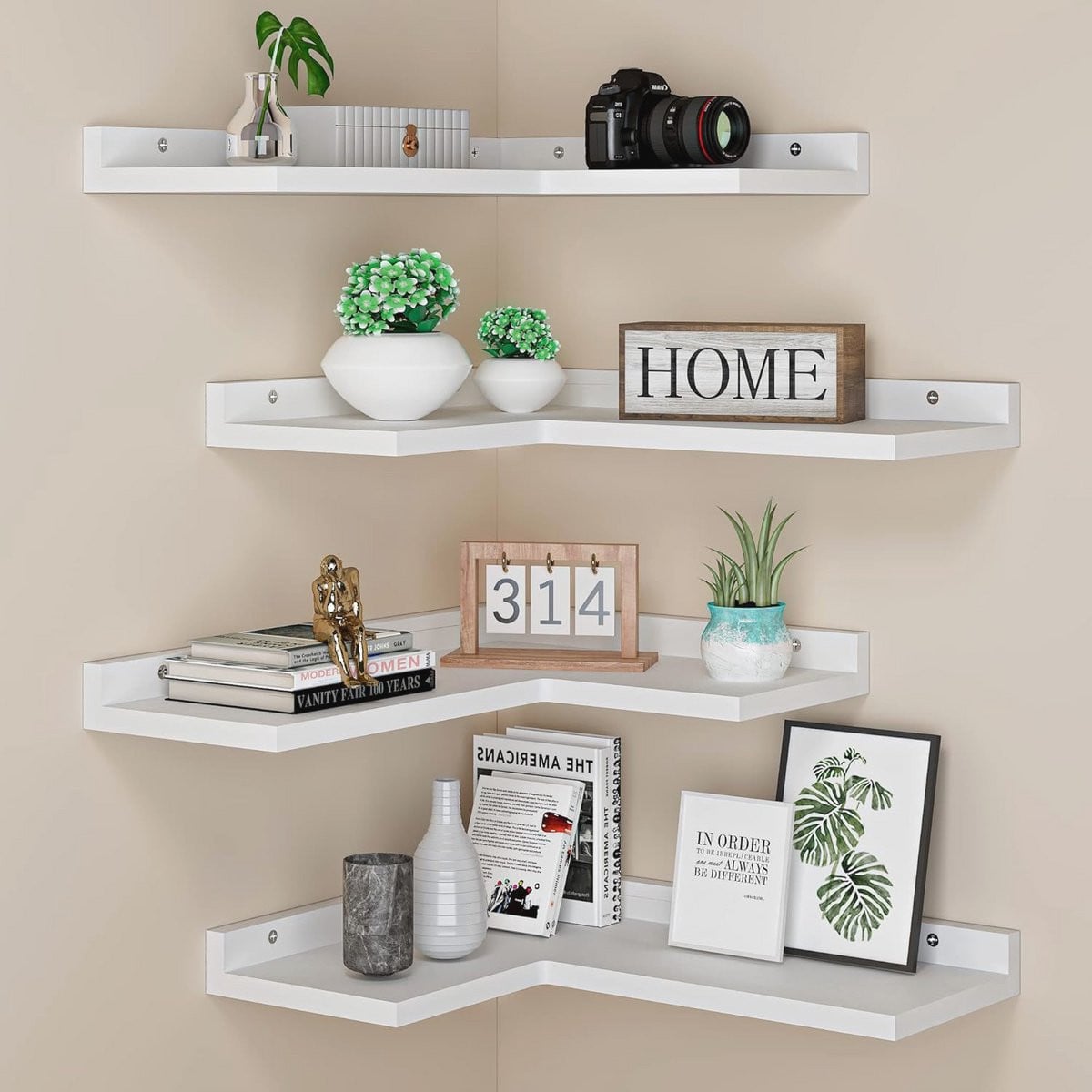 Set van 4 Witte Hoekplanken – Rustieke Houten Drijvende Wandplanken voor Wanddecoratie en Opslag