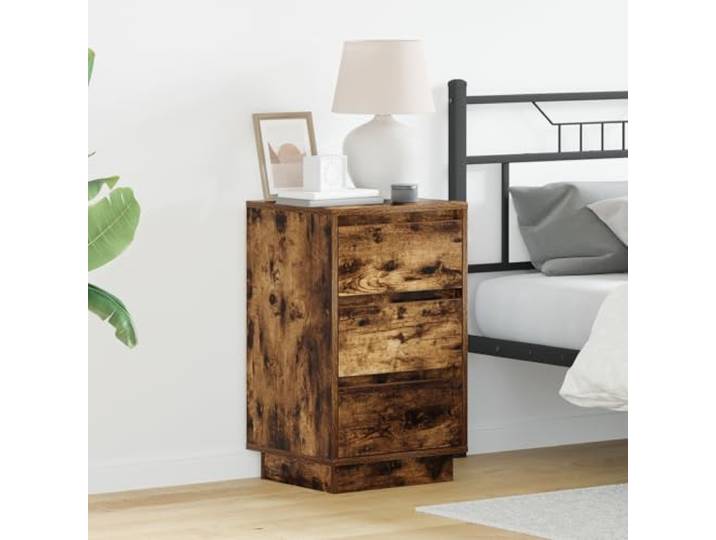 HEFZGDB Nachttisch mit LED Beleuchtung in Geräuchert Eiche 39x34.5x65 cm Holz Nachttisch mit Zwei Schubladen und integrierter Beleuchtung für das Schlafzimmer
