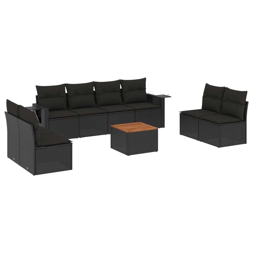 Modulares Gartensofa-Set, 9-teilig, mit abnehmbaren Kissen, Poly Rattan Schwarz, Akazienholz-Tisch, UV-beständig, wetterfest